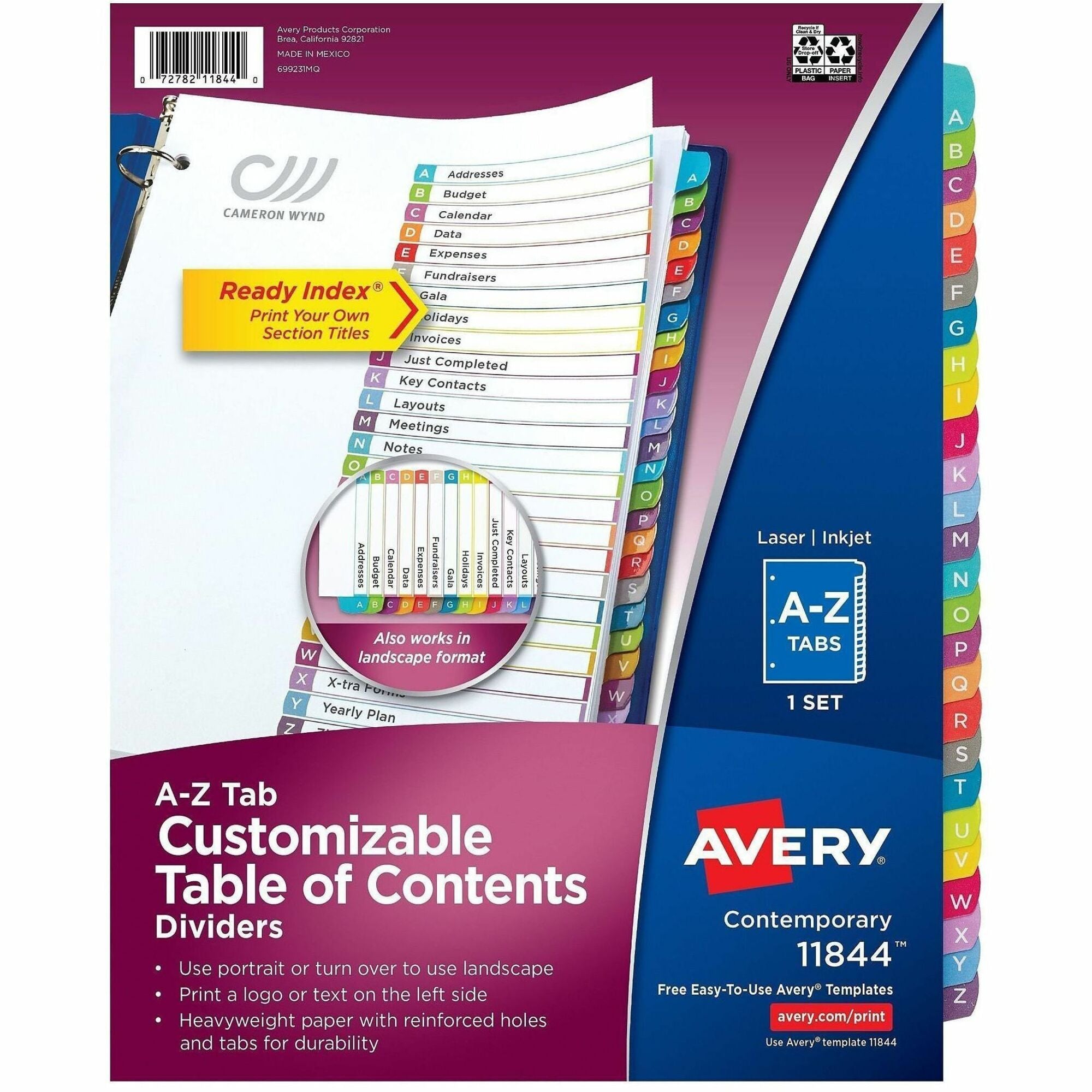 Avery A-Z Dividers, 26 Tabs, Ready Index, Arched Tabs (11844) - 26 x Divider(s) - 26 Printed Tab(s) - Alphabet - A-Z - 26 Tab(s)/Set - 8.5" Divider Width x 11" Divider Length - Letter - 8.50" Width x 11" Length - 3 Hole Punched - White Paper Divider - ...