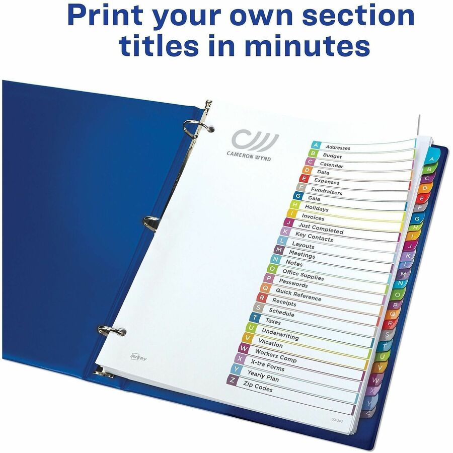 Avery A-Z Dividers, 26 Tabs, Ready Index, Arched Tabs (11844) - 26 x Divider(s) - 26 Printed Tab(s) - Alphabet - A-Z - 26 Tab(s)/Set - 8.5" Divider Width x 11" Divider Length - Letter - 8.50" Width x 11" Length - 3 Hole Punched - White Paper Divider - ...