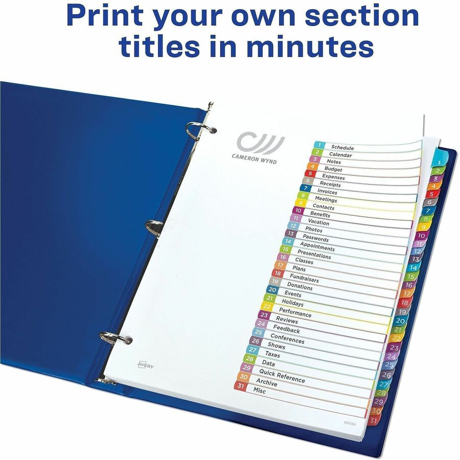 Avery 1-31 Dividers, 31 Tabs, Ready Index, Arched Tabs (11846) - 31 x Divider(s) - 31 Tab(s) - Digit - 1-31 - 31 Tab(s)/Set - 8.5" Divider Width x 11" Divider Length - 3 Hole Punched - White Paper Divider - Multicolor Paper Tab(s) - Hole-punched, Print...