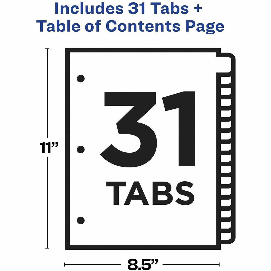 Avery 1-31 Dividers, 31 Tabs, Ready Index, Arched Tabs (11846) - 31 x Divider(s) - 31 Tab(s) - Digit - 1-31 - 31 Tab(s)/Set - 8.5" Divider Width x 11" Divider Length - 3 Hole Punched - White Paper Divider - Multicolor Paper Tab(s) - Hole-punched, Print...