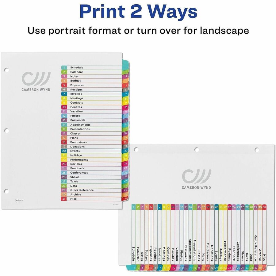 Avery 1-31 Dividers, 31 Tabs, Ready Index, Arched Tabs (11846) - 31 x Divider(s) - 31 Tab(s) - Digit - 1-31 - 31 Tab(s)/Set - 8.5" Divider Width x 11" Divider Length - 3 Hole Punched - White Paper Divider - Multicolor Paper Tab(s) - Hole-punched, Print...