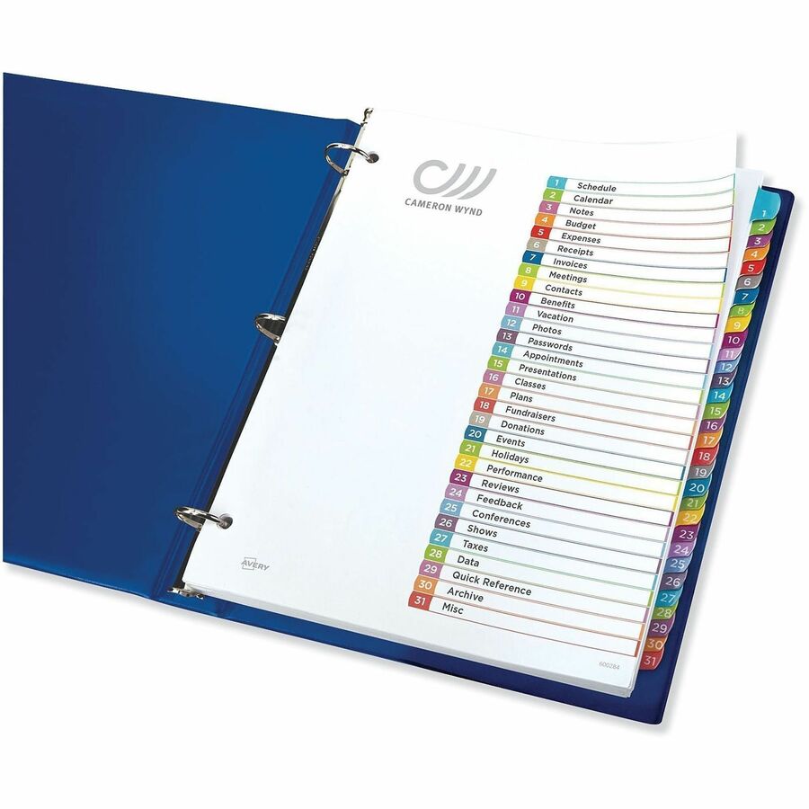 Avery 1-31 Dividers, 31 Tabs, Ready Index, Arched Tabs (11846) - 31 x Divider(s) - 31 Tab(s) - Digit - 1-31 - 31 Tab(s)/Set - 8.5" Divider Width x 11" Divider Length - 3 Hole Punched - White Paper Divider - Multicolor Paper Tab(s) - Hole-punched, Print...