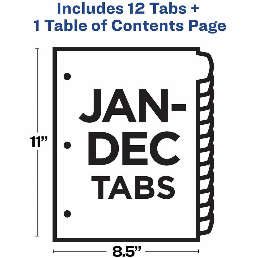 Avery Jan-Dec Dividers, 12 Tabs, Ready Index, Arched Tabs (11847) - 12 x Divider(s) - 12 Tab(s) - Month - Jan-Dec - 12 Tab(s)/Set - 8.5" Divider Width x 11" Divider Length - 3 Hole Punched - White Paper Divider - Multicolor Paper Tab(s) - 20% - Hole-pu...