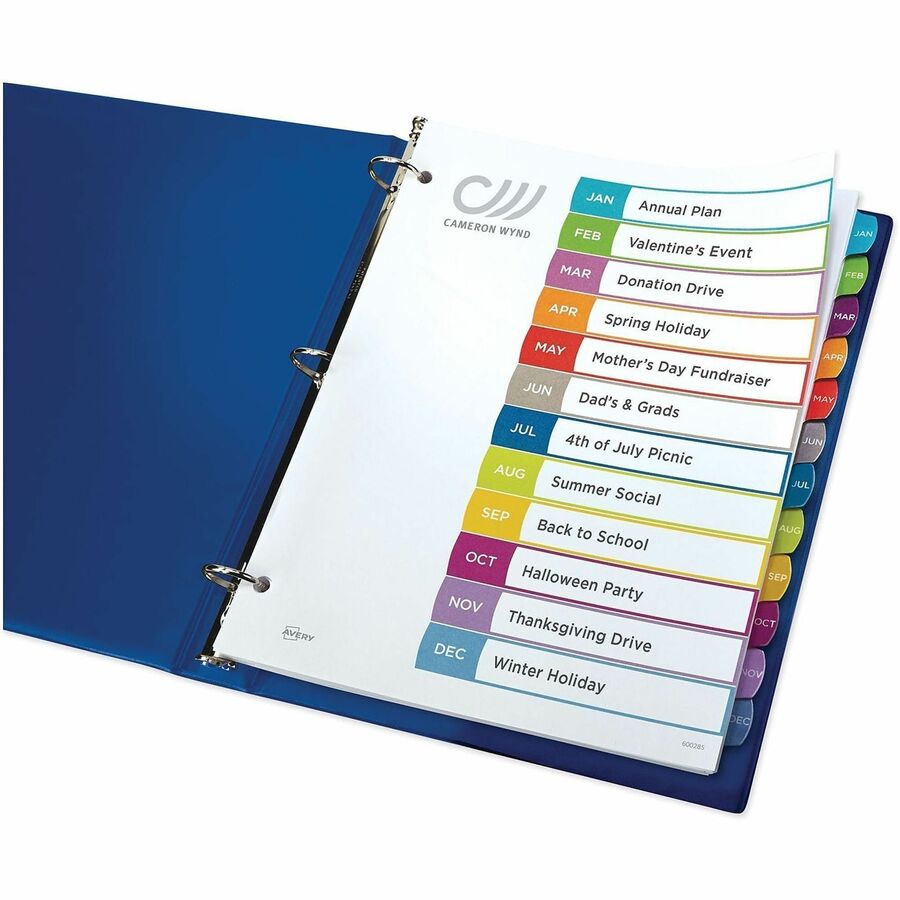 Avery Jan-Dec Dividers, 12 Tabs, Ready Index, Arched Tabs (11847) - 12 x Divider(s) - 12 Tab(s) - Month - Jan-Dec - 12 Tab(s)/Set - 8.5" Divider Width x 11" Divider Length - 3 Hole Punched - White Paper Divider - Multicolor Paper Tab(s) - 20% - Hole-pu...