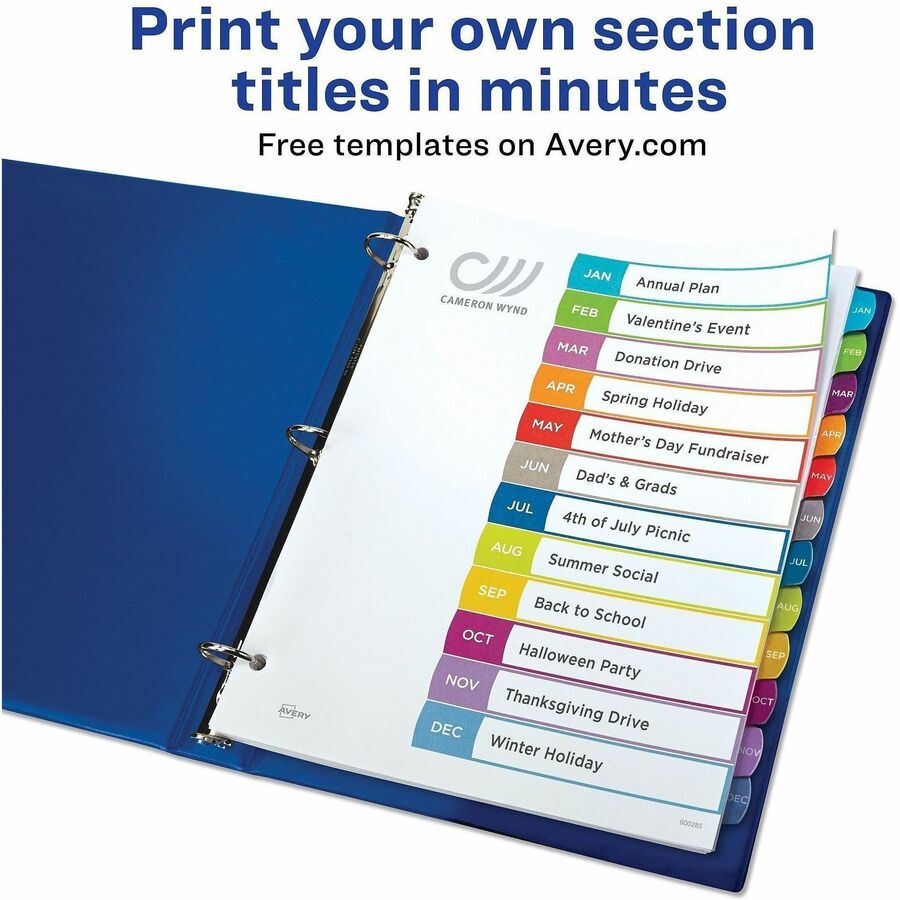 Avery Jan-Dec Dividers, 12 Tabs, Ready Index, Arched Tabs (11847) - 12 x Divider(s) - 12 Tab(s) - Month - Jan-Dec - 12 Tab(s)/Set - 8.5" Divider Width x 11" Divider Length - 3 Hole Punched - White Paper Divider - Multicolor Paper Tab(s) - 20% - Hole-pu...