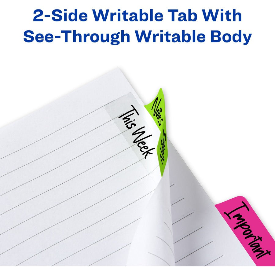 Avery&reg; Ultra Tabs File Tab - 24 Write-on Tab(s) - 1" Tab Height x 2.50" Tab Width - Clear Film, Neon Pink Paper, Neon Yellow, Neon Green, Neon Orange Tab(s) - PVC-free, Nonperforated, Smudge Resistant, Double-sided, Writable, Reusable, Repositionab...