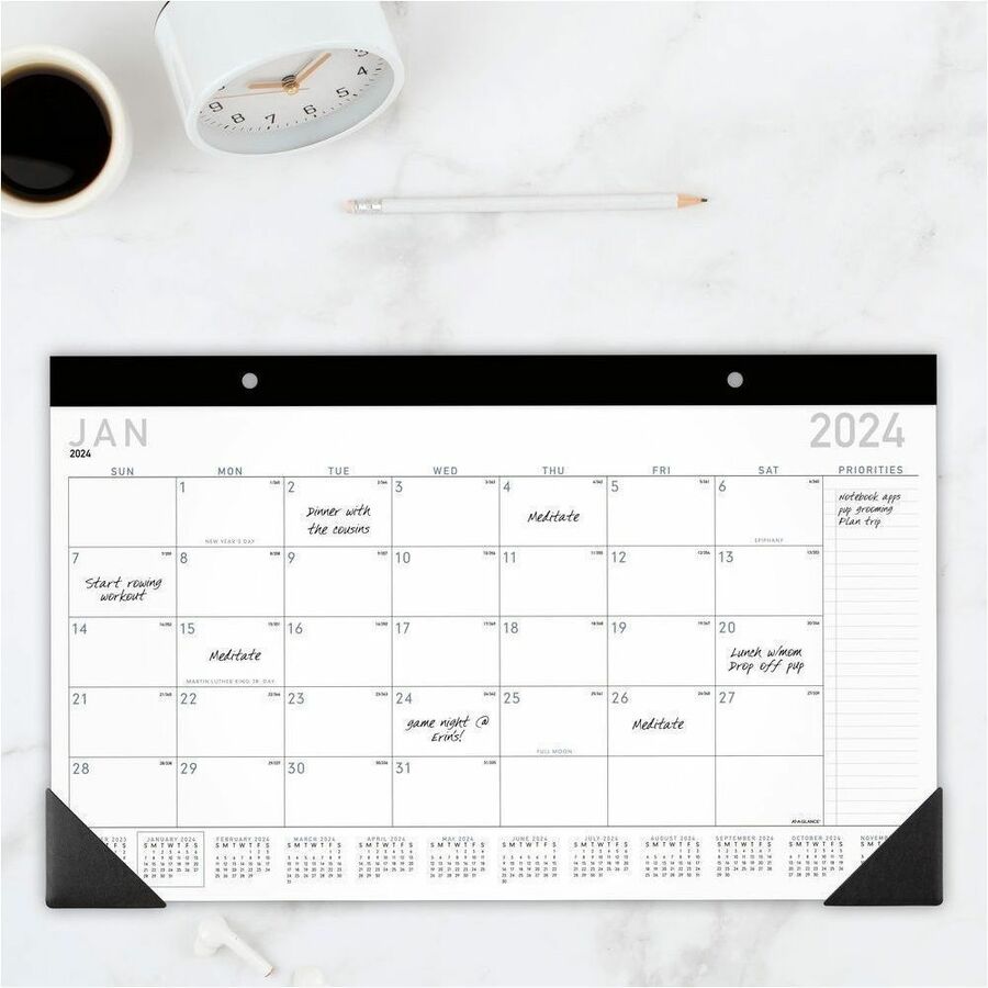 At-A-Glance Contemporary Monthly Desk Pad - Julian Dates - Daily, Monthly - 12 Month - January 2026 to December 2026 - 1 Month Single Page Layout - 18" x 11" Sheet Size - White Sheet - Headband - Desk Pad - Paper - Black Cover - 11" Height - Reference ...