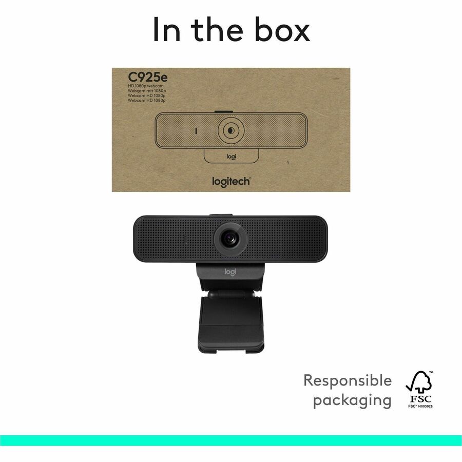 Logitech C925e Webcam - 30 fps - Black - USB 2.0 - 1 Each - Full HD - 1920 x 1080 Video - Auto-focus - 78&deg; Angle - Clip, Tripod Mount - 1.2x Digital Zoom - Widescreen - Microphone - For Notebook, Monitor, Computer - Windows 8 or Later, ChromeOS, ma...