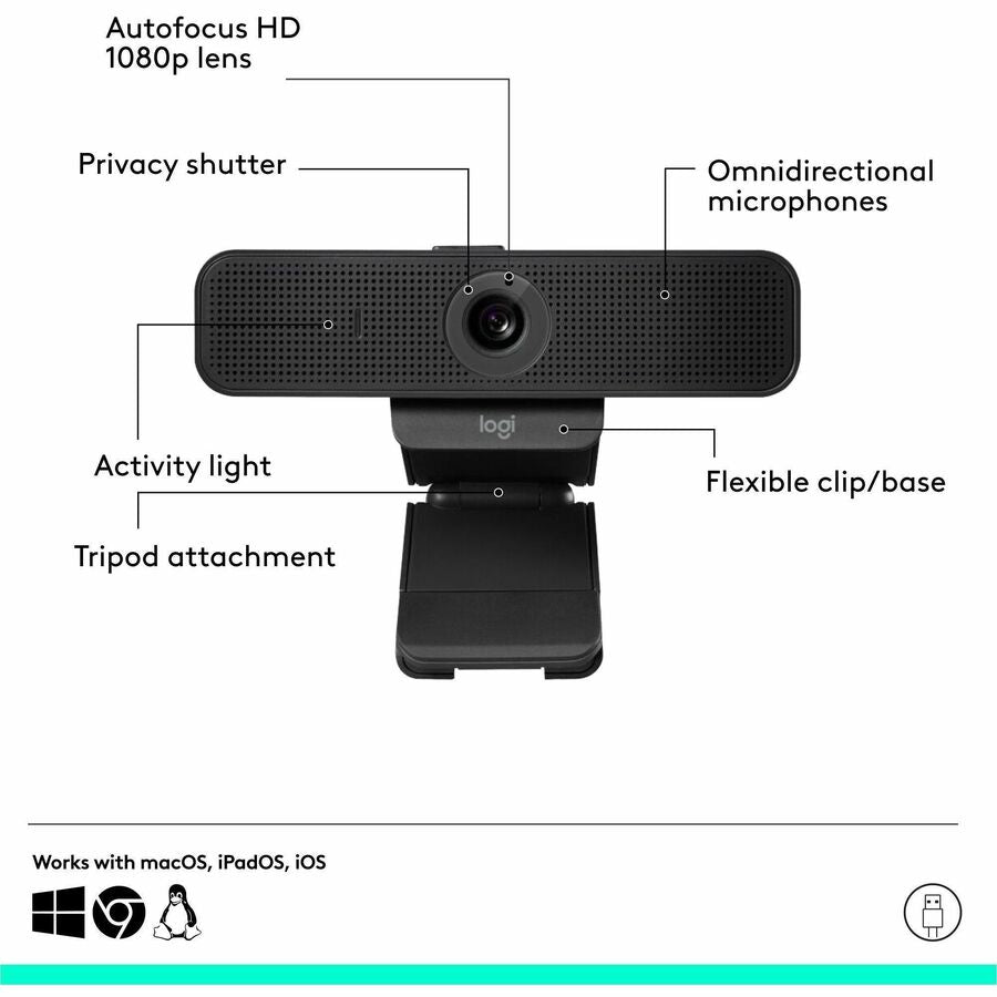 Logitech C925e Webcam - 30 fps - Black - USB 2.0 - 1 Each - Full HD - 1920 x 1080 Video - Auto-focus - 78&deg; Angle - Clip, Tripod Mount - 1.2x Digital Zoom - Widescreen - Microphone - For Notebook, Monitor, Computer - Windows 8 or Later, ChromeOS, ma...