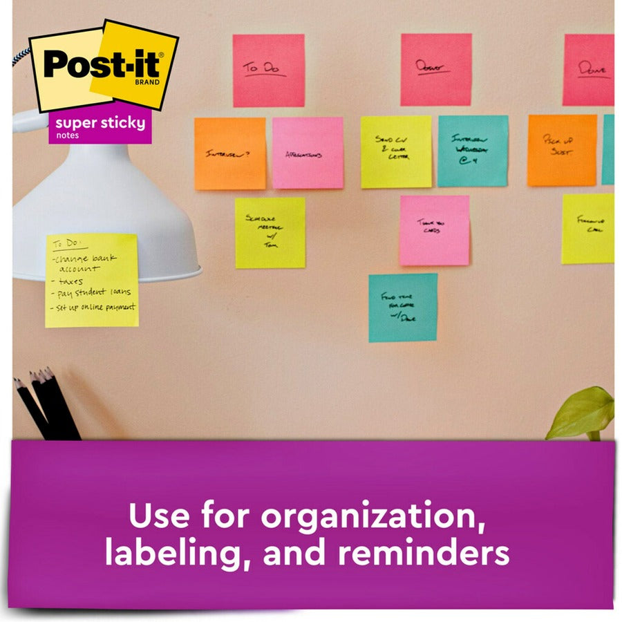 Post-it&reg; Super Sticky Notes - Supernova Neons Color Collection - 2160 x Multicolor - 3" Flag/Note Width x 3" Flag/Note Length - Rectangle - 90 Sheets per Pad - Aqua Splash, Tropical Pink, Acid Lime, Canary Yellow - Paper - Self-adhesive, Recyclable...
