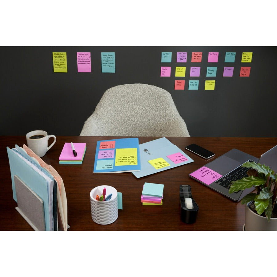 Post-it&reg; Super Sticky Notes - Supernova Neons Color Collection - 2160 x Multicolor - 3" Flag/Note Width x 3" Flag/Note Length - Rectangle - 90 Sheets per Pad - Aqua Splash, Tropical Pink, Acid Lime, Canary Yellow - Paper - Self-adhesive, Recyclable...