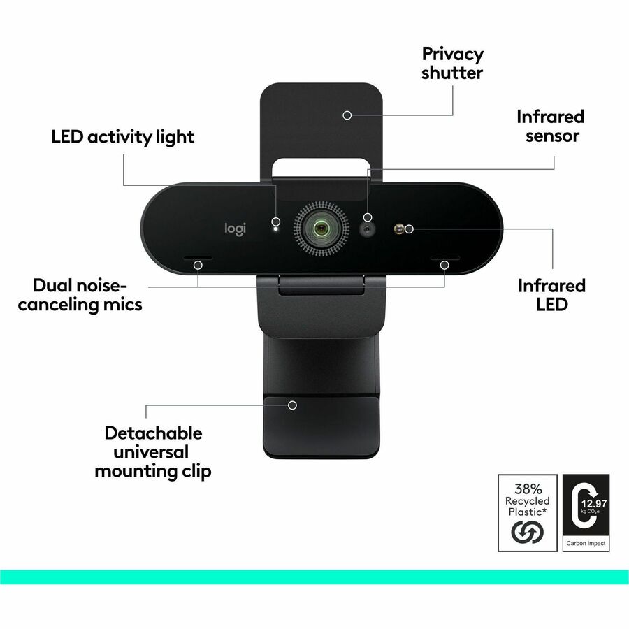 Logitech BRIO Webcam - 90 fps - Black - USB 3.0 - 4096 x 2160 Video - Auto-focus - Clip, Tripod Mount - 5x Digital Zoom - Microphone - For Notebook, Monitor