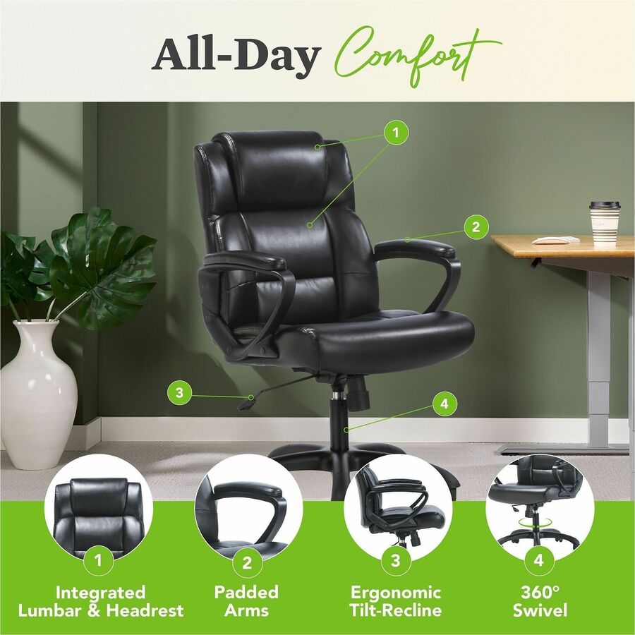 Sadie Mid-Back Executive Chair - Black Seat Color - SofThread Leather Seat Material - Black Back Color - SofThread Leather Back Material - Mid Back - 5-star Base - 1 Each