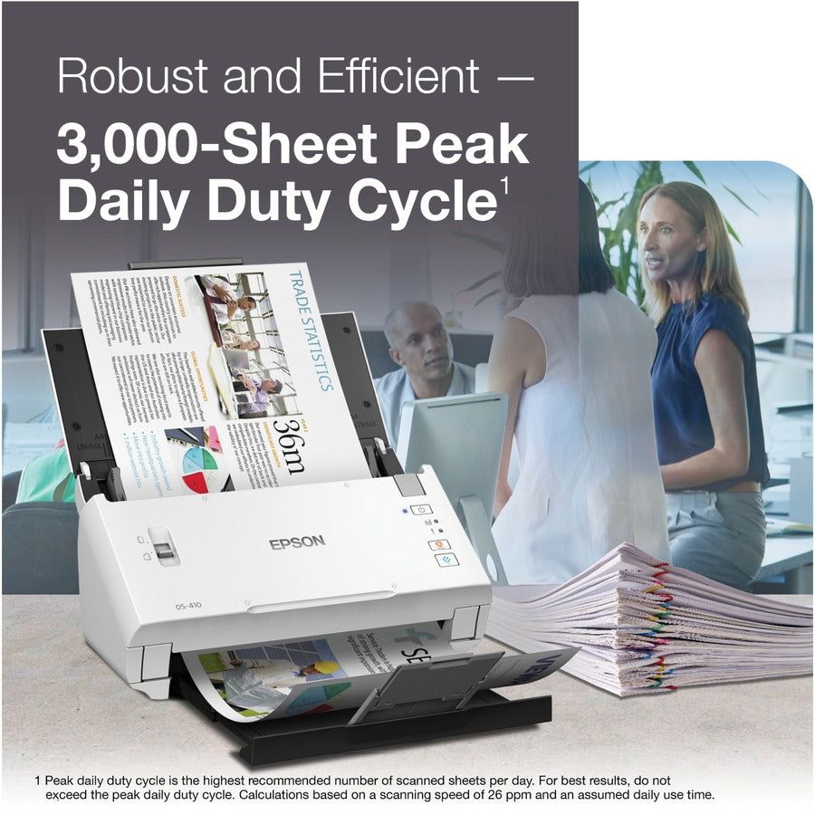 Epson DS-410 Sheetfed Scanner - 600 dpi Optical - 48-bit Color - 16-bit Grayscale - 26 ppm (Mono) - 26 ppm (Color) - Duplex Scanning - USB