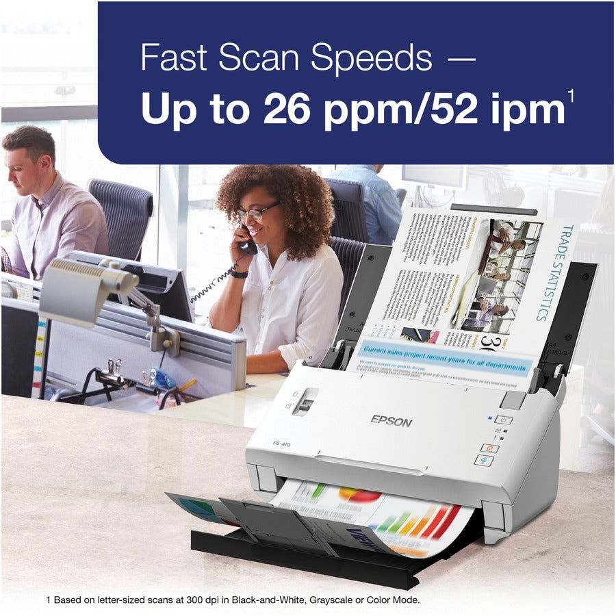 Epson DS-410 Sheetfed Scanner - 600 dpi Optical - 48-bit Color - 16-bit Grayscale - 26 ppm (Mono) - 26 ppm (Color) - Duplex Scanning - USB