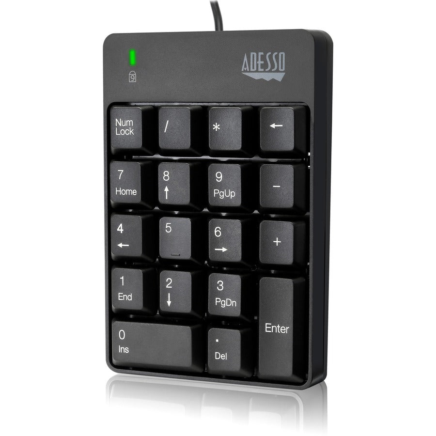Adesso USB Spill Resistant 18-Key Numeric Keypad - Cable Connectivity - USB Interface - 18 Key(s) - Windows 10, Windows 8, Windows 7 - English (US) - Computer - PC - Membrane Keyswitch - Black