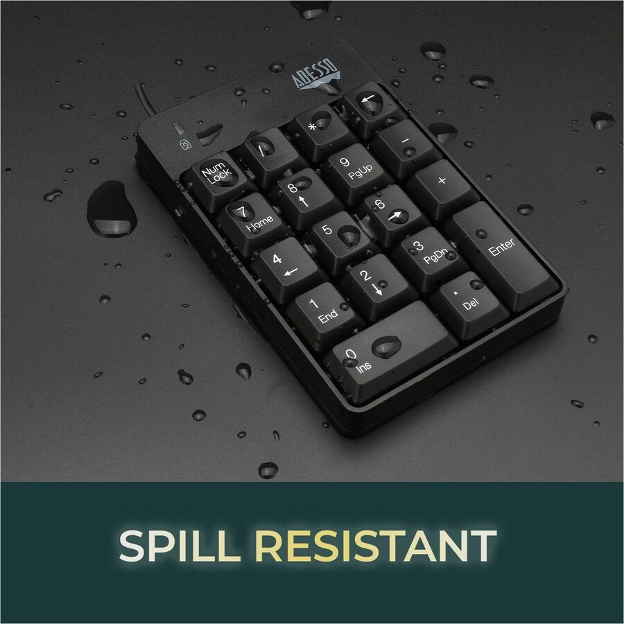Adesso USB Spill Resistant 18-Key Numeric Keypad - Cable Connectivity - USB Interface - 18 Key(s) - Windows 10, Windows 8, Windows 7 - English (US) - Computer - PC - Membrane Keyswitch - Black