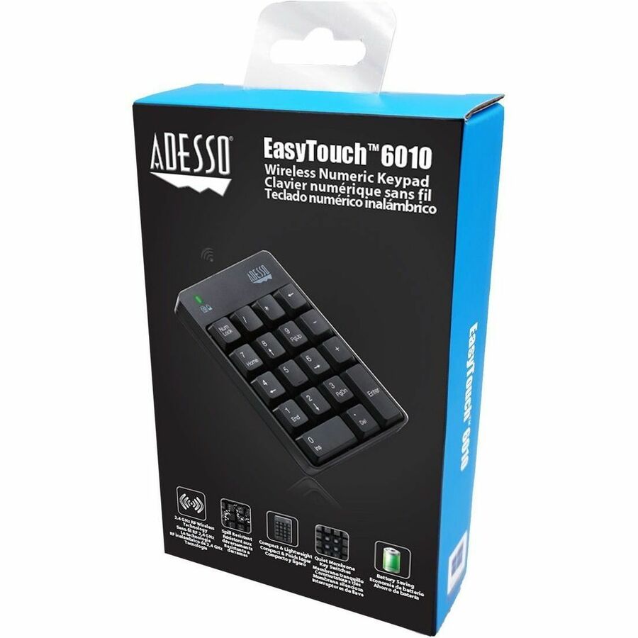 Adesso Wireless Spill Resistant 18-Key Numeric Keypad - Wireless Connectivity - RF - 30 ft - 2.40 GHz - USB Interface - 18 Key(s) - Windows 10, Windows 8, Windows 7 - English (US) - Computer - PC - Membrane Keyswitch - AAA Battery Size Supported - Black