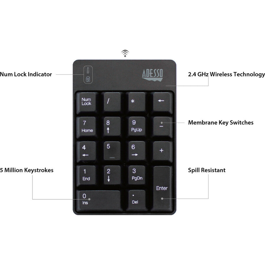 Adesso Wireless Spill Resistant 18-Key Numeric Keypad - Wireless Connectivity - RF - 30 ft - 2.40 GHz - USB Interface - 18 Key(s) - Windows 10, Windows 8, Windows 7 - English (US) - Computer - PC - Membrane Keyswitch - AAA Battery Size Supported - Black