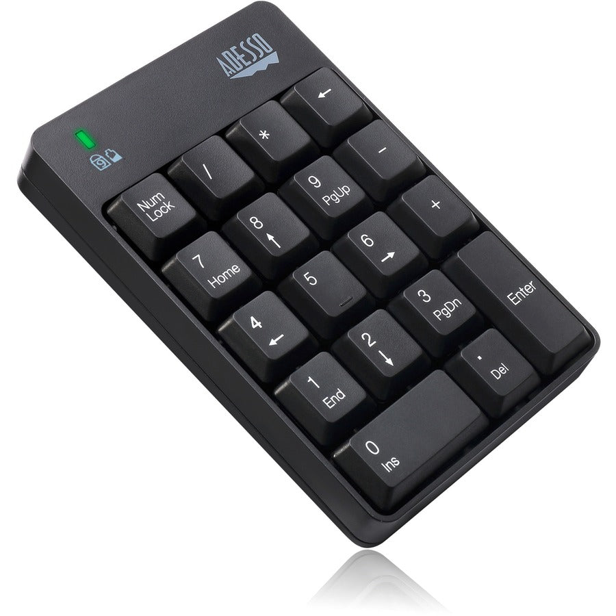 Adesso Wireless Spill Resistant 18-Key Numeric Keypad - Wireless Connectivity - RF - 30 ft - 2.40 GHz - USB Interface - 18 Key(s) - Windows 10, Windows 8, Windows 7 - English (US) - Computer - PC - Membrane Keyswitch - AAA Battery Size Supported - Black