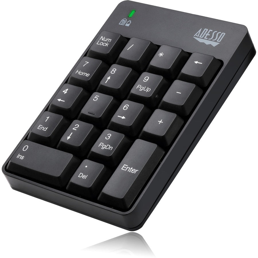 Adesso Wireless Spill Resistant 18-Key Numeric Keypad - Wireless Connectivity - RF - 30 ft - 2.40 GHz - USB Interface - 18 Key(s) - Windows 10, Windows 8, Windows 7 - English (US) - Computer - PC - Membrane Keyswitch - AAA Battery Size Supported - Black