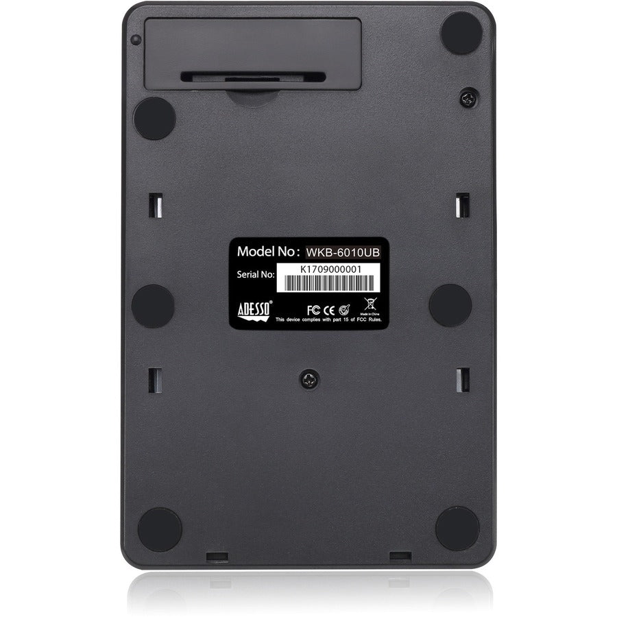 Adesso Wireless Spill Resistant 18-Key Numeric Keypad - Wireless Connectivity - RF - 30 ft - 2.40 GHz - USB Interface - 18 Key(s) - Windows 10, Windows 8, Windows 7 - English (US) - Computer - PC - Membrane Keyswitch - AAA Battery Size Supported - Black