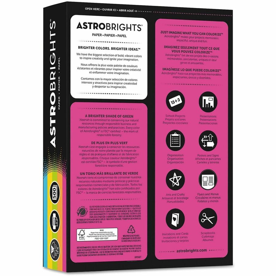 Astro AstroBrights Bright Assortment Paper - Letter - 8 1/2" x 11" - 24 lb Basis Weight - Smooth - Lunar Blue, Terra Green, Cosmic Orange, Solar Yellow, Fireball Fuschia - 500 / Pack