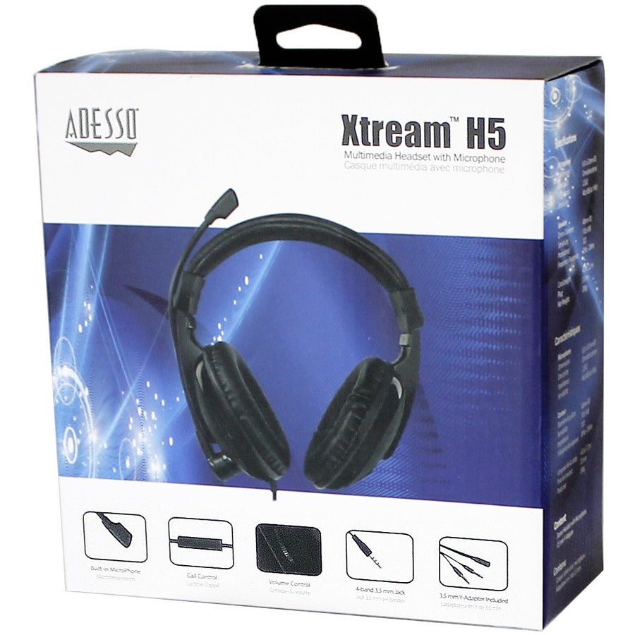 Adesso Xtream H5 - Multimedia Headset with Microphone - Stereo - Mini-phone (3.5mm) - Wired - 32 Ohm - 20 Hz to 20 kHz - Over-the-head - Binaural - Circumaural - 6 ft Cable - Omni-directional Microphone - Black