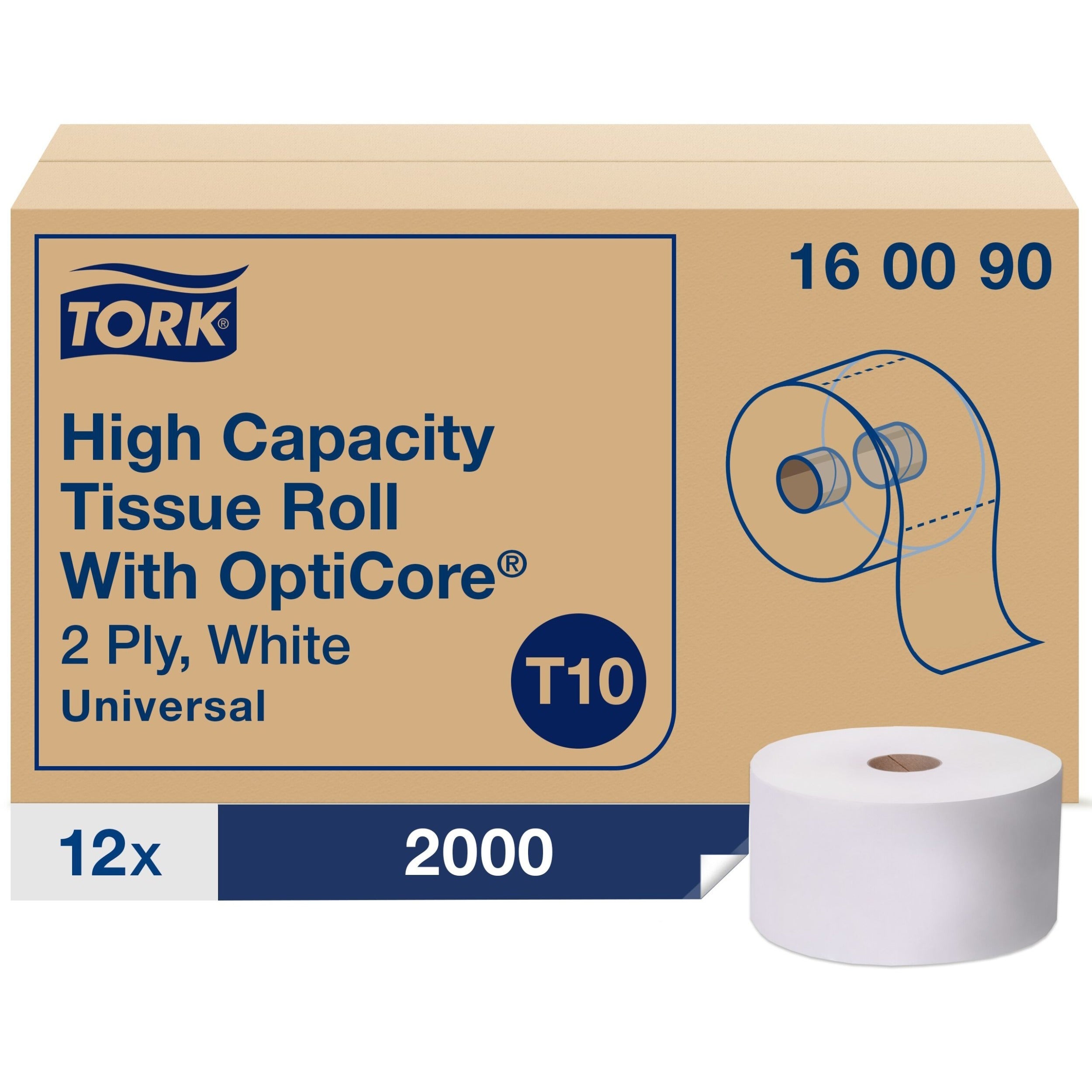 TORK Universal High-Capacity Bath Tissue Roll with OptiCore - 2 Ply - 3.80" Width x 583.30 ft Length - 2000 Sheets/Roll - 7.20" Roll Diameter - 1 45/64" Core - White - Paper - 24000 / Sheet