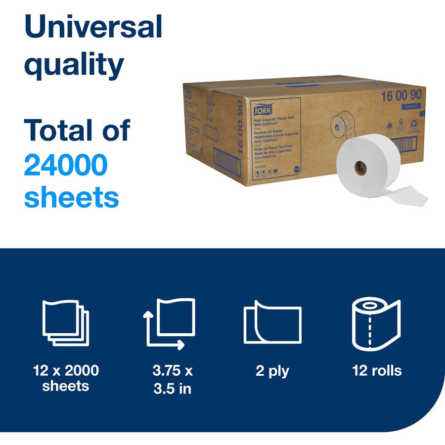 TORK Universal High-Capacity Bath Tissue Roll with OptiCore - 2 Ply - 3.80" Width x 583.30 ft Length - 2000 Sheets/Roll - 7.20" Roll Diameter - 1 45/64" Core - White - Paper - 24000 / Sheet