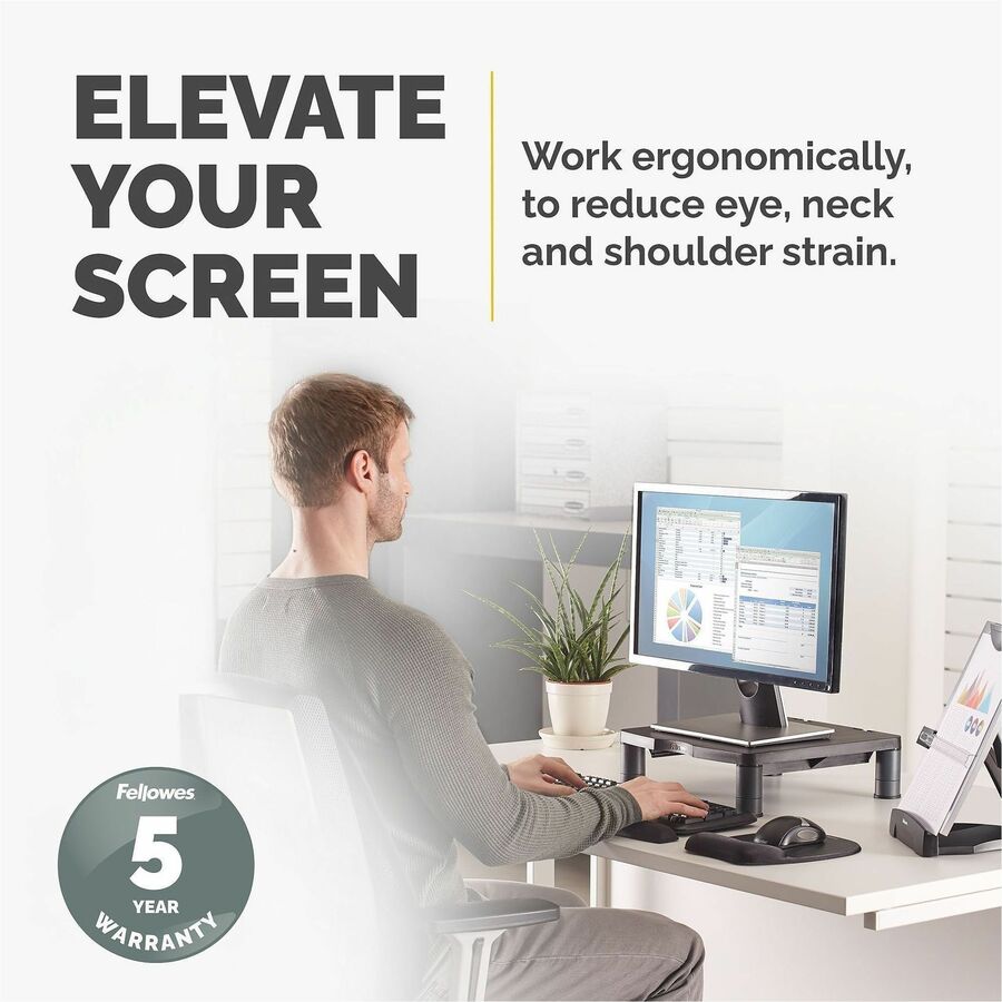 Fellowes Standard Monitor Riser - Up to 21" Screen Support - 60 lb Load Capacity - CRT, LCD Display Type Supported - 3.94" Height x 13.19" Width x 13.54" Depth - Desktop - Plastic - Black