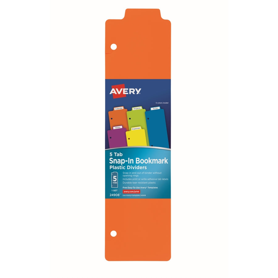Avery&reg; Snap-In Plastic Bookmark Dividers, 5 Tabs, 1 Set, Multicolor (24908) - Monthly - 1 Month Single Page Layout - 10" x 10" Sheet Size - White, Multicolor - Plastic - Repositionable, Self-adhesive, Write on/Wipe off, Dry Erase Surface, Durable, ...