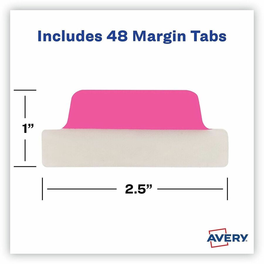 Avery&reg; UltraTabs Repositionable Margin Tabs - 48 Tab(s) - 1" Tab Height x 2.50" Tab Width - Clear Film, Neon Green Paper, Neon Pink, Neon Orange, Neon Yellow Tab(s) - 48 / Pack
