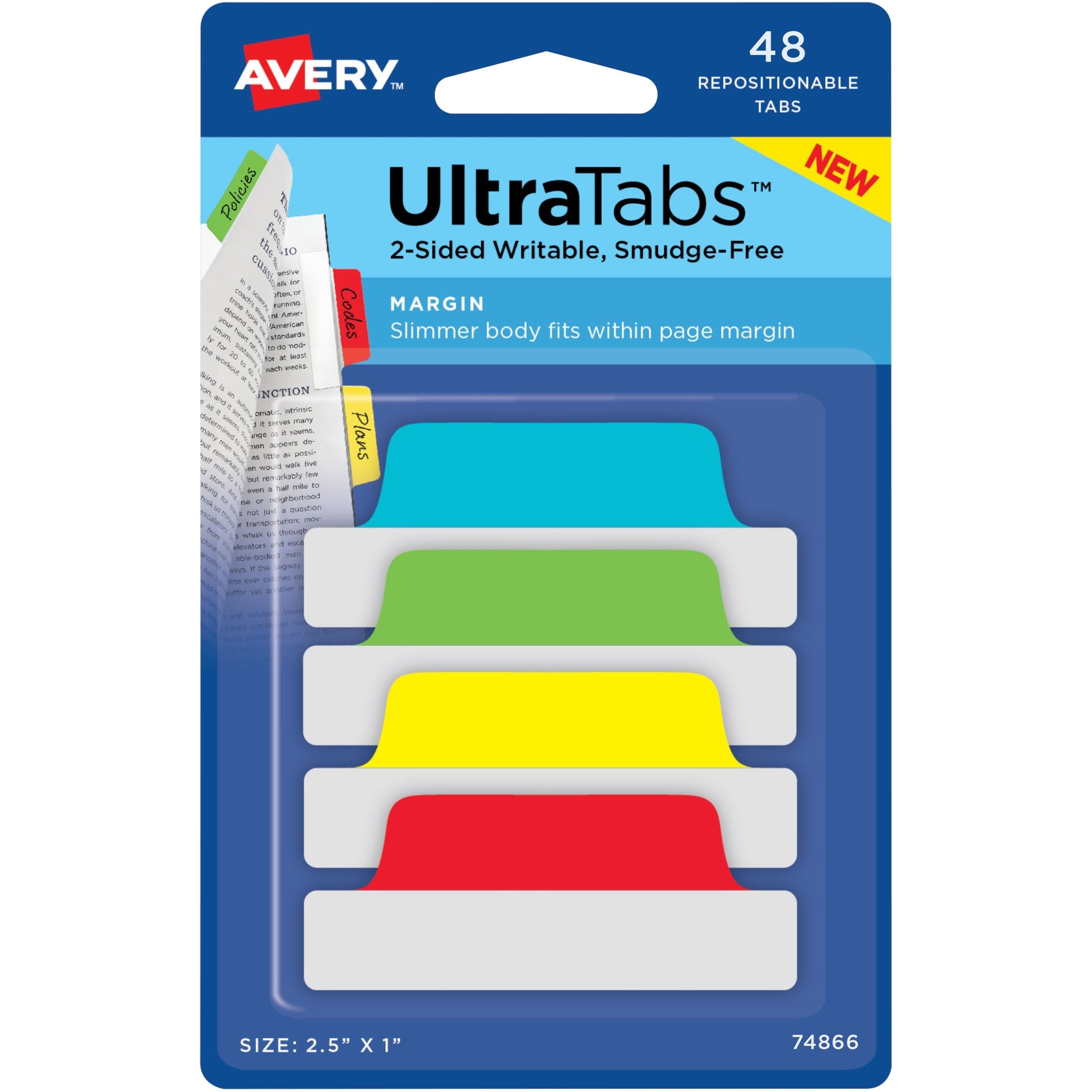Avery&reg; UltraTabs Repositionable Margin Tabs - 48 Tab(s) - 1" Tab Height x 2.50" Tab Width - Green Film, Clear Paper, Yellow, Red, Blue Tab(s) - 48 / Pack