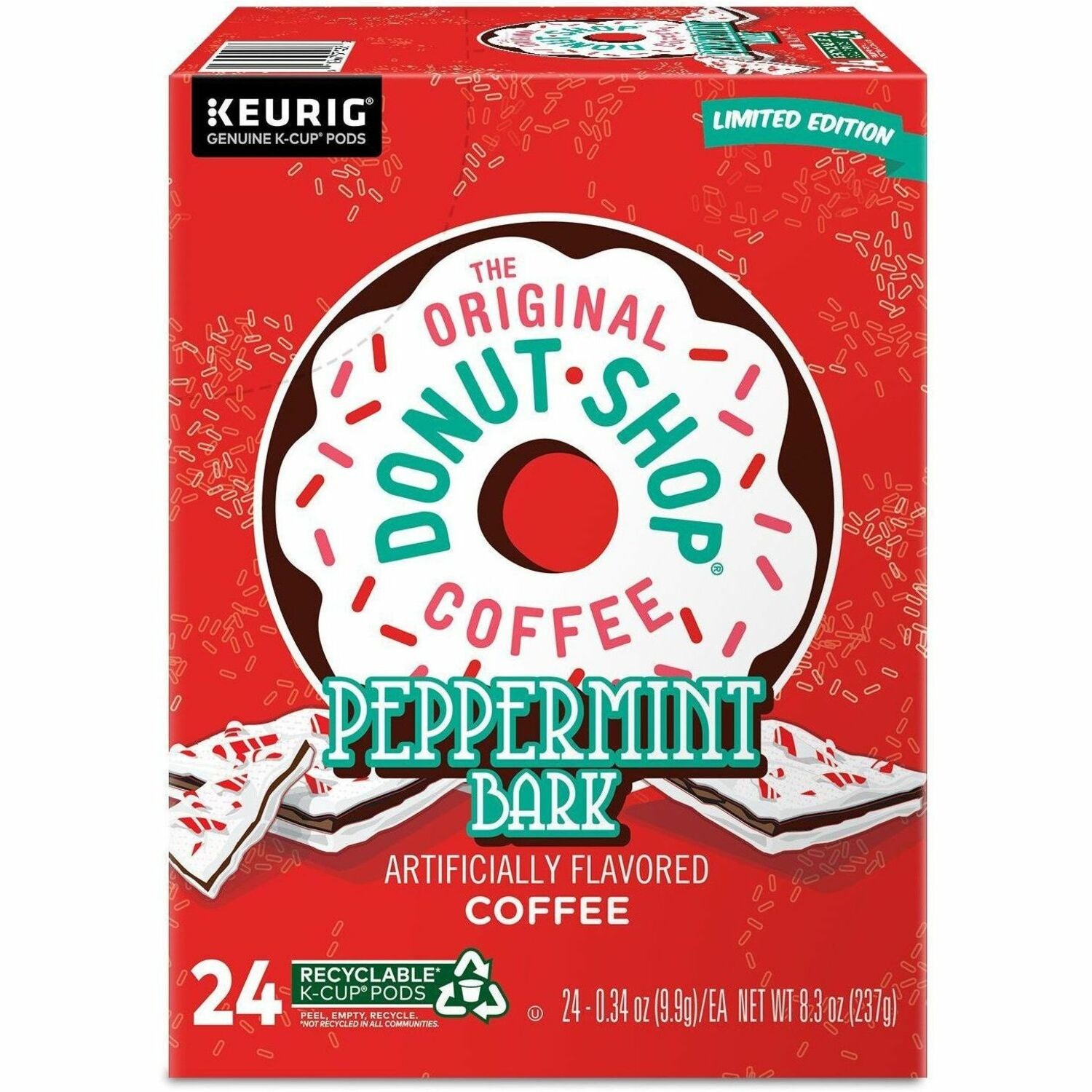 The Original Donut Shop&reg; K-Cup, Pod Peppermint Bark Keurig Single-Serve K-Cup Pods, Light Roast Coffee, 24 Count - Compatible with K-Cup Brewer - Light - K-Cup, Pod - Peppermint Bark - Kosher - 24 / Box