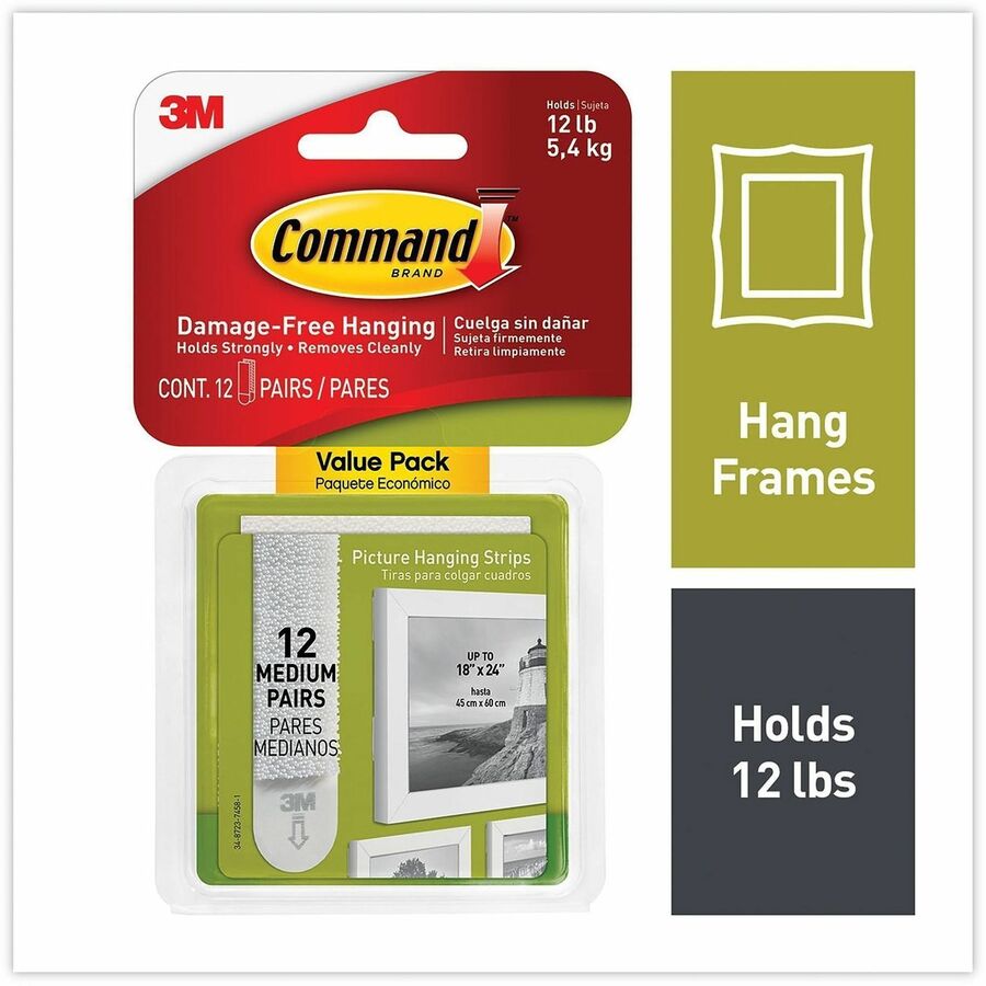 Command Medium Picture Value Pack Hanging Strips - 12 lb (5.44 kg) Capacity - Adhesive - Medium - for Pictures, Decoration, Painted Surface, Wood, Tile, Frame - White - 12 / Pack