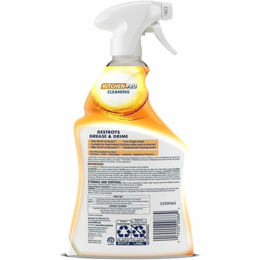 Lysol Kitchen Pro Antibacterial Cleaner - For Multi Surface - 22 fl oz (0.7 quart) - Fresh Citrus Scent - Recommended For: Stain Remover - Deodorize, Streak-free, Chemical-free, Disinfectant, Anti-bacterial, Residue-free - Clear - 9 / Carton