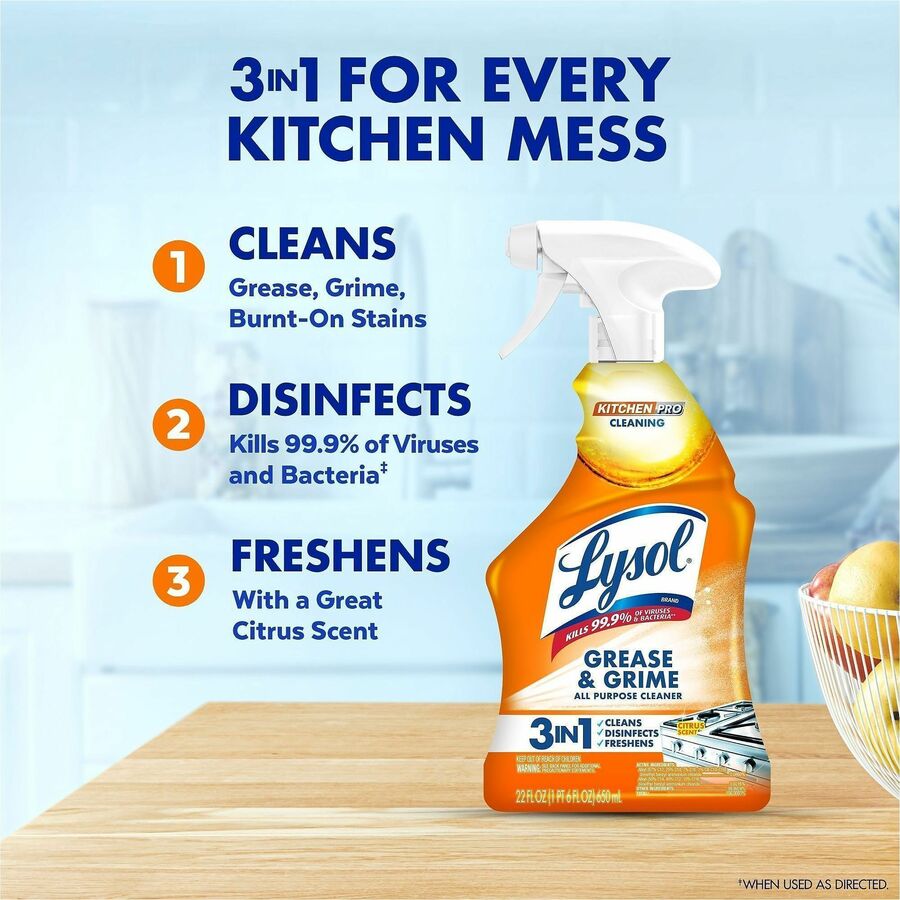 Lysol Kitchen Pro Antibacterial Cleaner - For Multi Surface - 22 fl oz (0.7 quart) - Fresh Citrus Scent - Recommended For: Stain Remover - Deodorize, Streak-free, Chemical-free, Disinfectant, Anti-bacterial, Residue-free - Clear - 9 / Carton