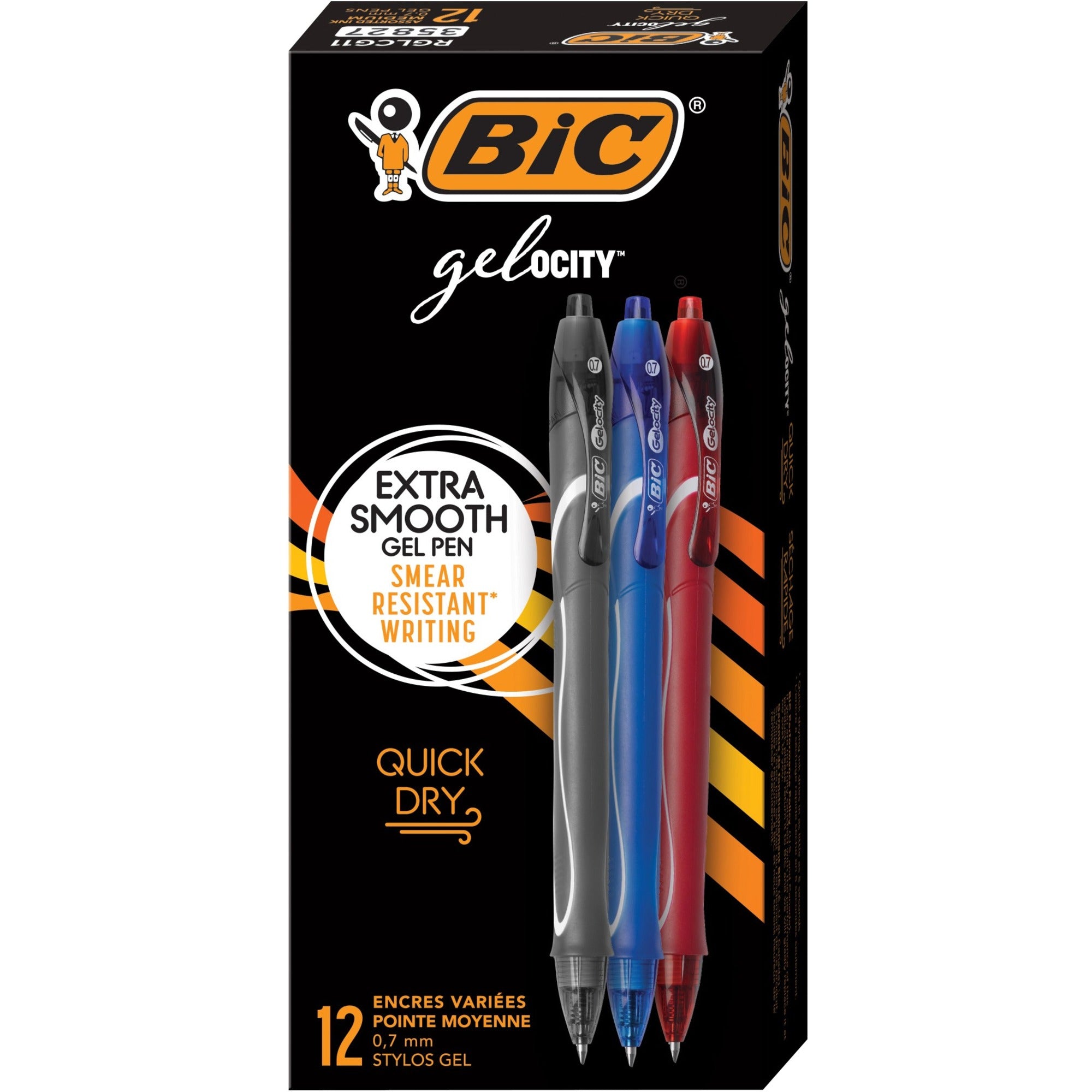 BIC Gel-ocity Gel Pen - 0.7 mm Medium Pen Point - Retractable - Assorted Ink - Gel-based - 12 Pack