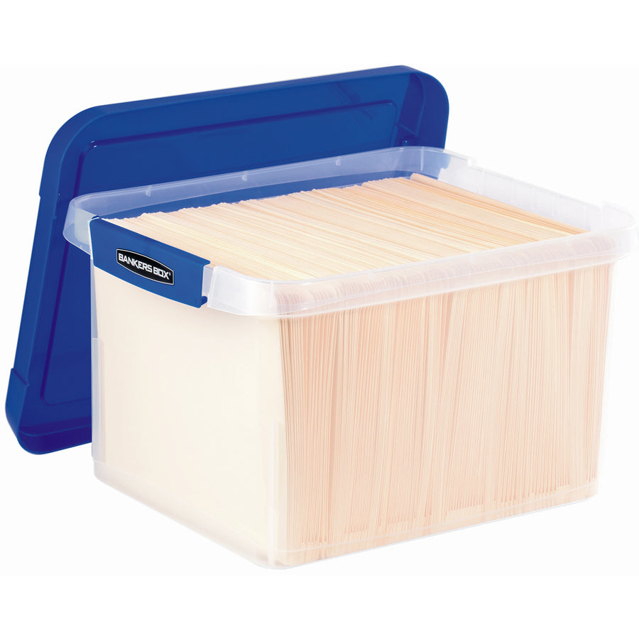 Bankers Box Heavy Duty Letter/Legal Plastic File Box 2 Pack - External Dimensions: 14.2" Width x 17.4" Depth x 10.6" Height - Media Size Supported: Letter 8.50" x 11" , Legal 8.50" x 14" - Lid Lock Closure - Heavy Duty - Stackable - Plastic - Clear, Bl...
