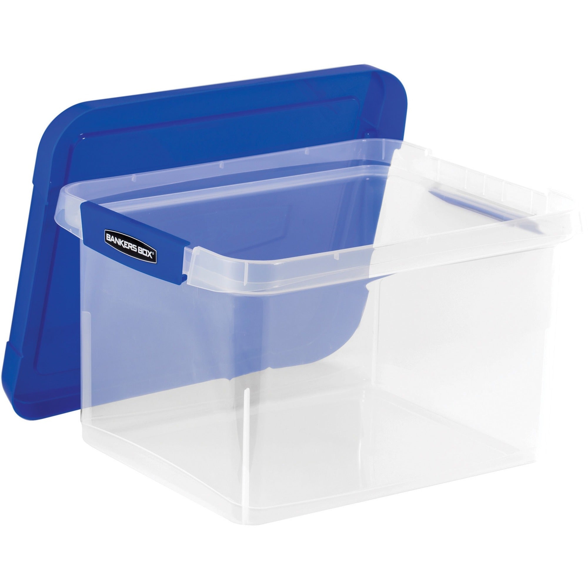 Bankers Box Heavy Duty Letter/Legal Plastic File Box 2 Pack - External Dimensions: 14.2" Width x 17.4" Depth x 10.6" Height - Media Size Supported: Letter 8.50" x 11" , Legal 8.50" x 14" - Lid Lock Closure - Heavy Duty - Stackable - Plastic - Clear, Bl...
