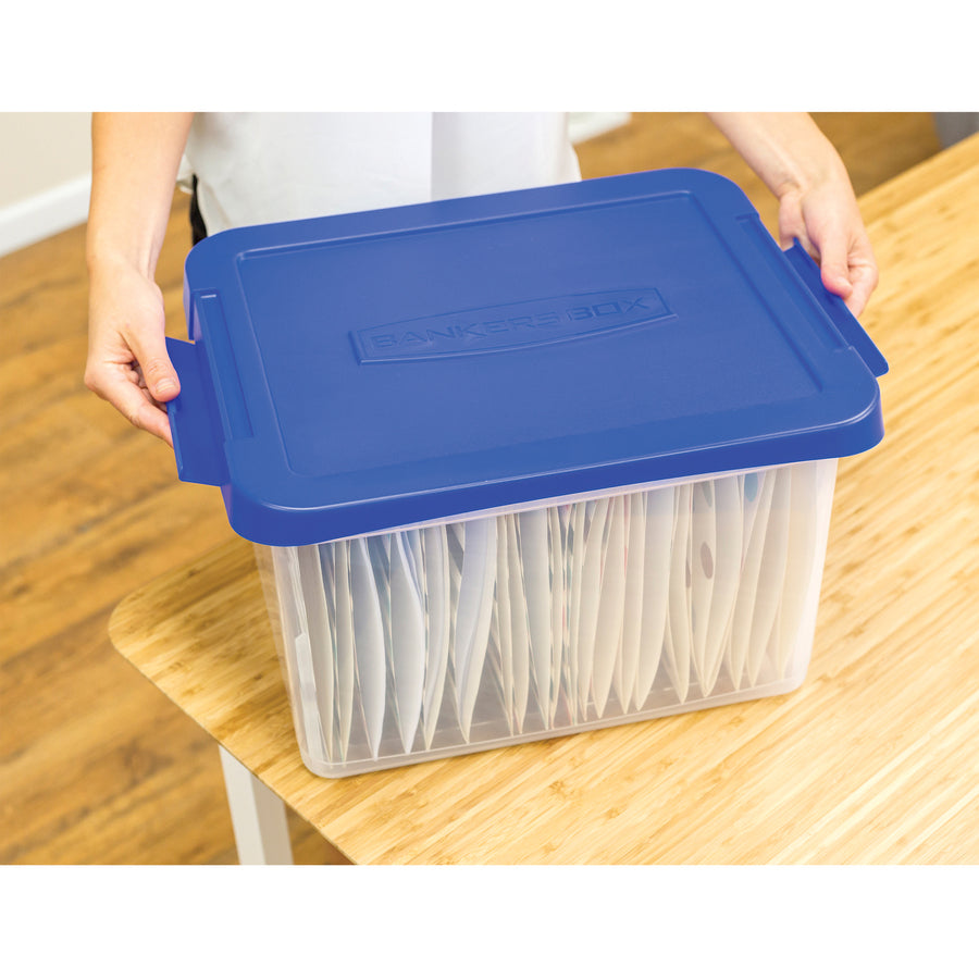 Bankers Box Heavy Duty Letter/Legal Plastic File Box 2 Pack - External Dimensions: 14.2" Width x 17.4" Depth x 10.6" Height - Media Size Supported: Letter 8.50" x 11" , Legal 8.50" x 14" - Lid Lock Closure - Heavy Duty - Stackable - Plastic - Clear, Bl...