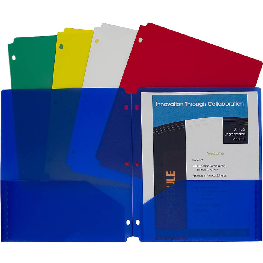 C-Line Two-Pocket Heavyweight Poly Portfolio Folder - For Letter 8 1/2" x 11" Sheet - 3 x Holes - Ring Binder - Rectangular - Red, Yellow, Green, Blue, White - Polypropylene - 10 / Pack