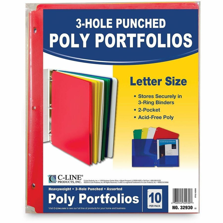 C-Line Two-Pocket Heavyweight Poly Portfolio Folder - For Letter 8 1/2" x 11" Sheet - 3 x Holes - Ring Binder - Rectangular - Red, Yellow, Green, Blue, White - Polypropylene - 10 / Pack