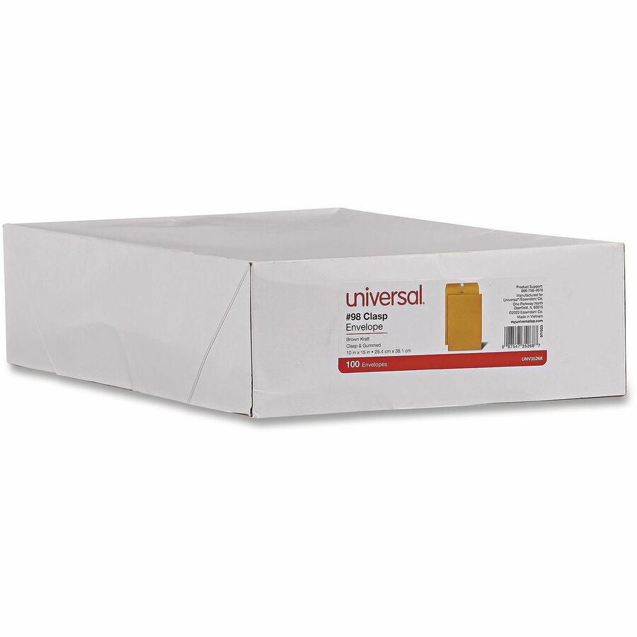Universal Envelope - Clasp - #98 - 15" Width x 10" Length - 28 lb - Clasp/Gummed Flap - Brown Kraft - Kraft Paper - 100 / Box