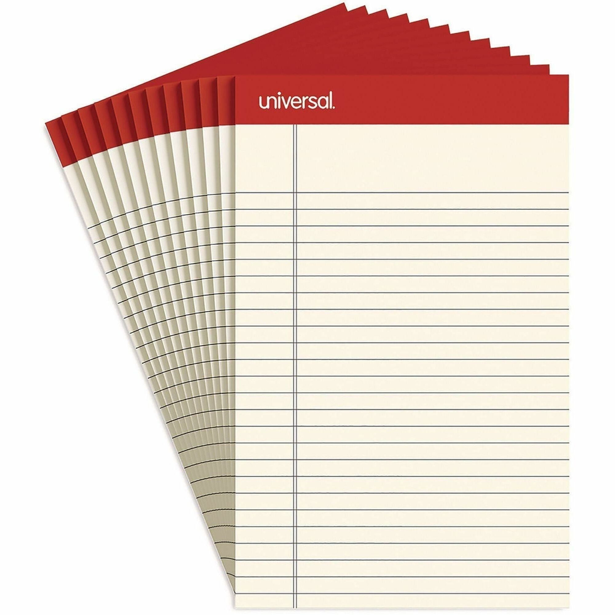 Universal Colored Perforated Ruled Writing Pads, Narrow Rule, 50 Ivory 5 x 8 Sheets, Dozen - 1 Subject(s) - 50 Sheets - Tape Bound - Narrow Ruled Front Ruling - 16 lb Basis Weight - 8" Height x 5" Width - Ivory Paper - Chipboard Cover - 1 Dozen