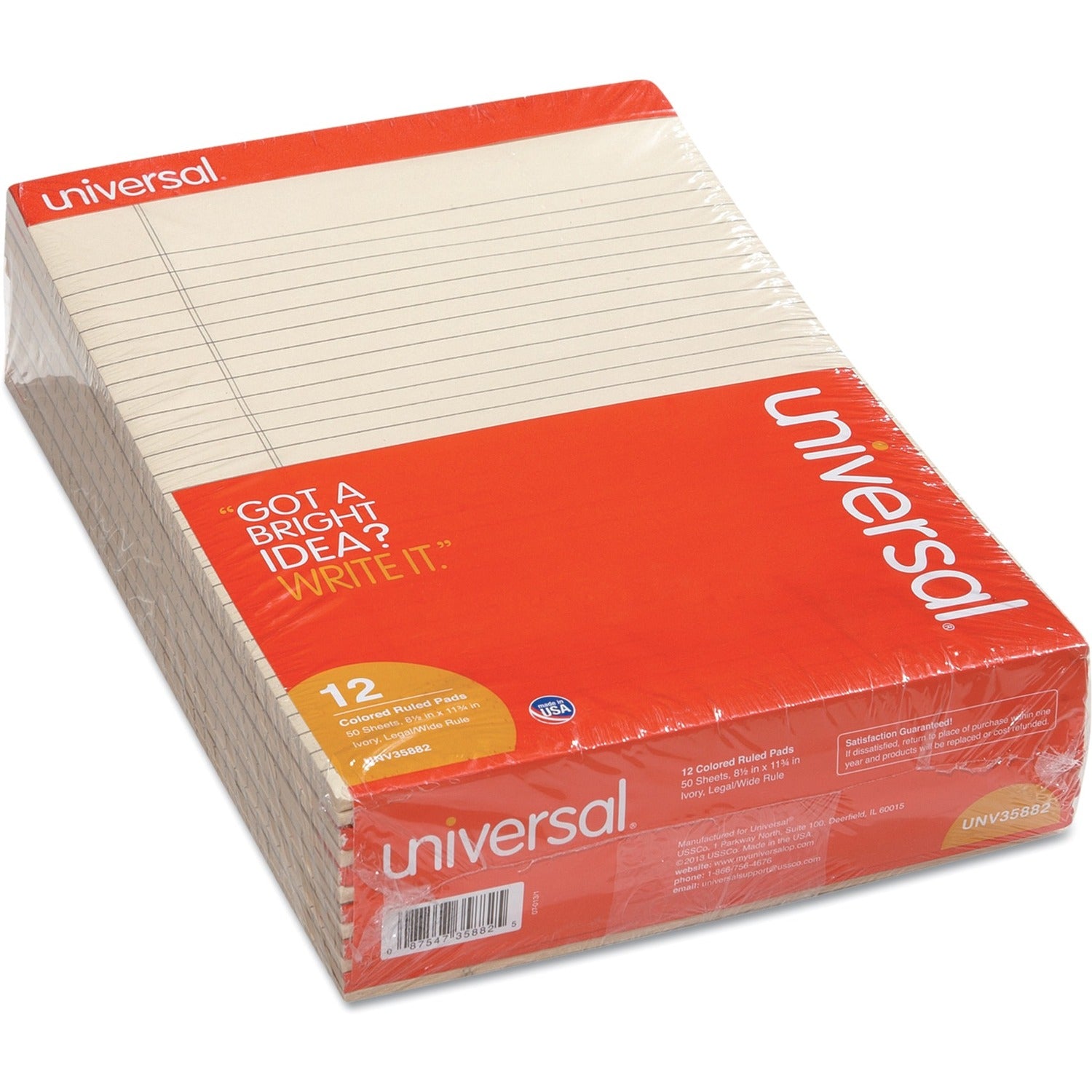 Universal Notepad - 1 Subject(s) - 50 Sheets - Tape Bound - Wide Ruled, Legal Ruled Front Ruling - 16 lb Basis Weight - 11" Height x 8.5" Width - Ivory Paper - Chipboard Cover - 1 Dozen