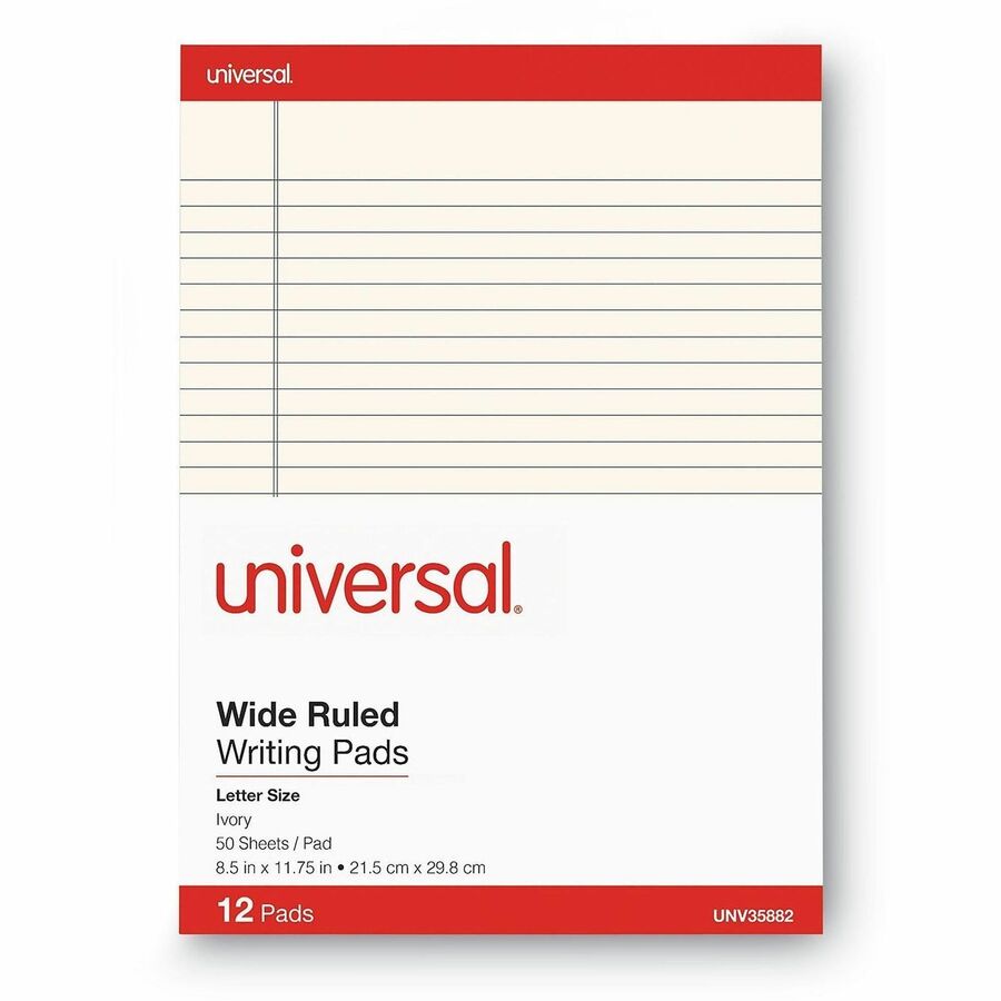 Universal Notepad - 1 Subject(s) - 50 Sheets - Tape Bound - Wide Ruled, Legal Ruled Front Ruling - 16 lb Basis Weight - 11" Height x 8.5" Width - Ivory Paper - Chipboard Cover - 1 Dozen