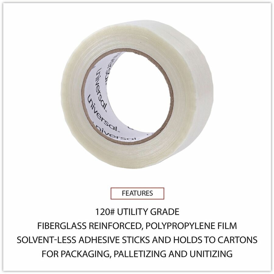 Universal 120# Utility Grade Filament Tape, 3" Core, 48 mm x 54.8 m, Clear - 59.93 yd Length x 1.89" Width x 4.3 mil Thickness - 3" Core - Clear - Synthetic Rubber - Plastic Backing - 1 Roll
