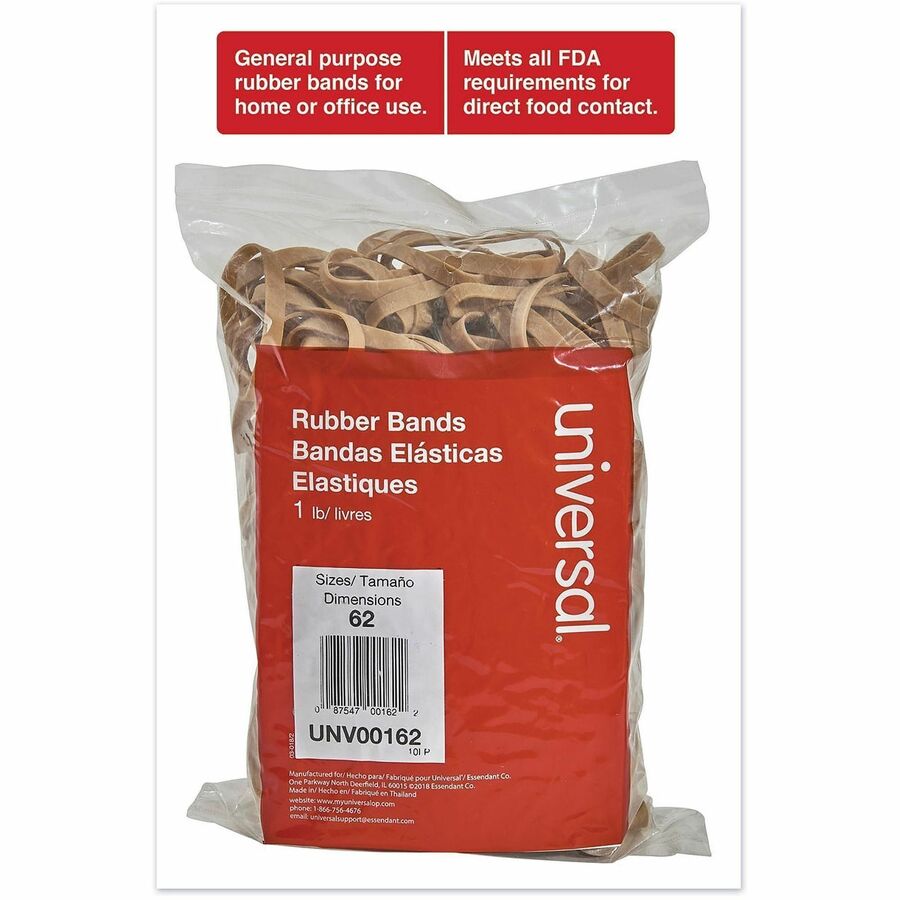 Universal Rubber Bands, Size 62, 0.04" Gauge, Beige, 1 lb Box, 490/Pack - Size: #62 - 2.5" Length x 0.3" Width - 24 lb/in - Rubber - Beige - 490 / Pack